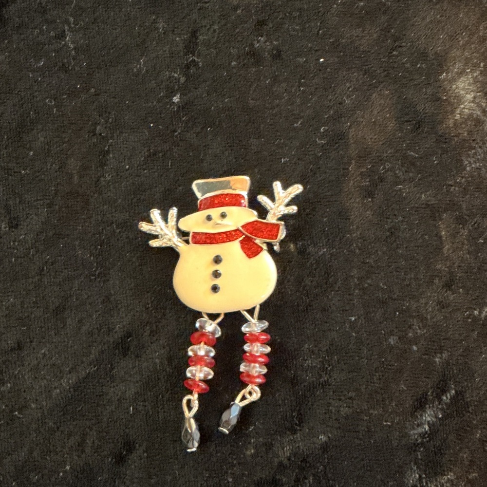 Festive Silvertone with white enamel Snowman Brooch with Red Accents